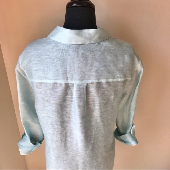 Linen Silk Tunic Top Light Blue Blouse Long Sleeve Button Up Shirt Vacation - Picture 8 of 10